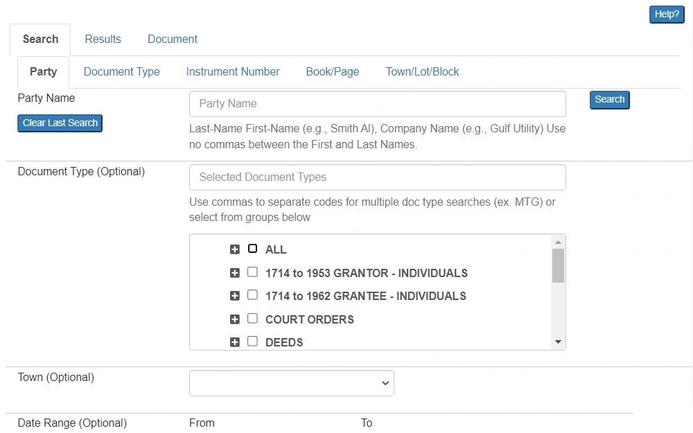 A screenshot of the "Criminal Records Search" provided by the Bergen County Clerk's Office requires the user to input the party name and select the type of document (optional) to search. 