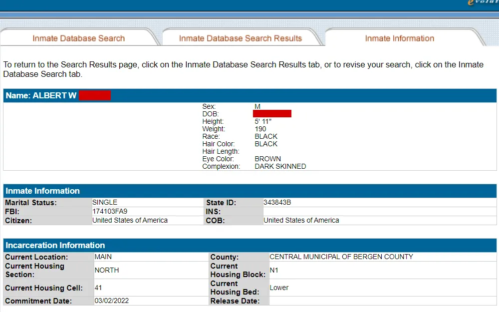 A screenshot of the inmate lookup results from the Bergen County Sheriff's Office displays the inmate's name, sex, DOB, physical features and incarceration information.