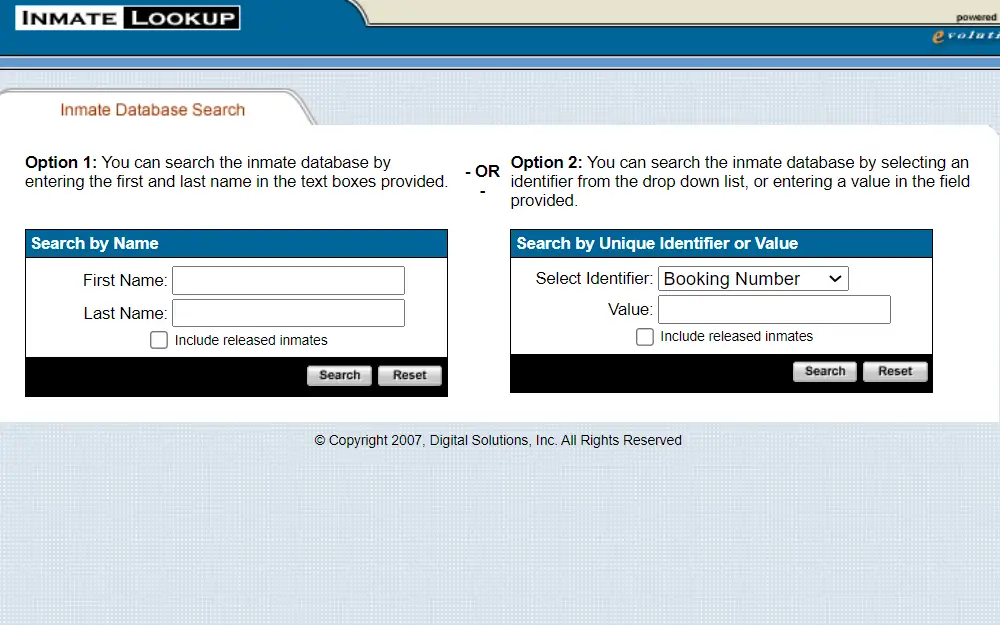 A screenshot of the inmate lookup provided by the Bergen County Sheriff's Office shows two options to search: Search by Name or Unique Identifier or Value, including each required field. 