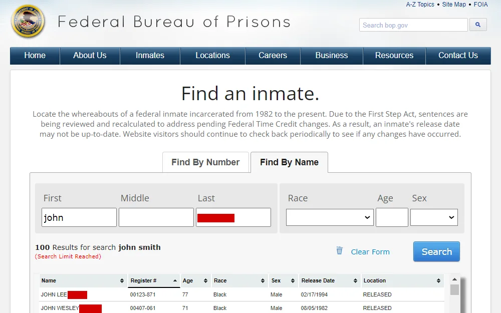 A screenshot of the search results from the Federal Bureau of Prisons website shows the list of offenders with their full name, register no., age, race, sex, release date and location.