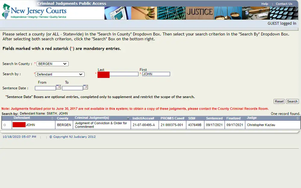 A screenshot of the search results from the New Jersey Courts websites displays case information such as defendant name, county, criminal judgment(s), indictment no., case no. and judge.