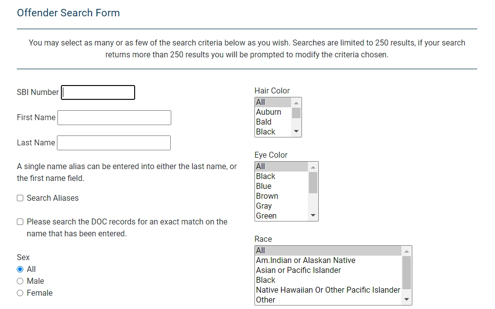A screenshot of the Offender search form from the New Jersey Department of Corrections website requires users to input the SBI no, first and last name and select the offender's physical feature to filter the search.