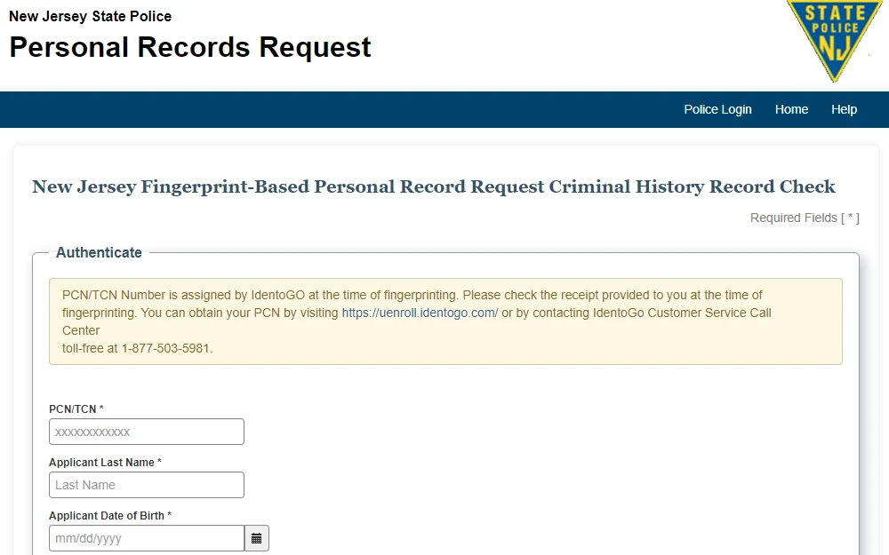 A screenshot of the 'Personal Records Request" page from the New Jersey State Police requires users to input PCN/TCN, applicant's last name and DOB. 