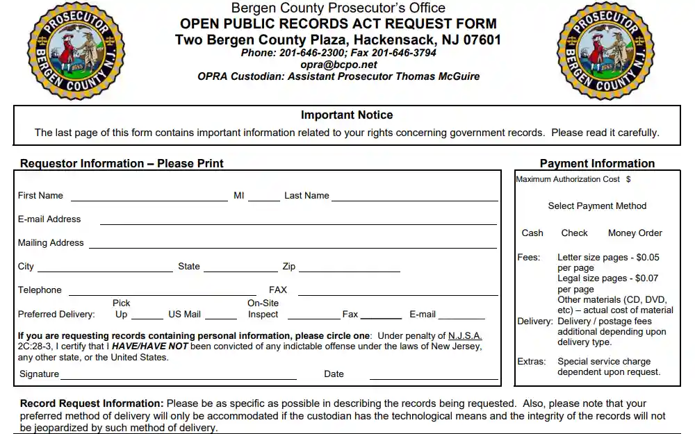 A screenshot of the Bergen County Prosecutor's Office's Open Public Records Act (OPRA) Request form shows where necessary information for the request should be provided and payment options are visible on the right side.
