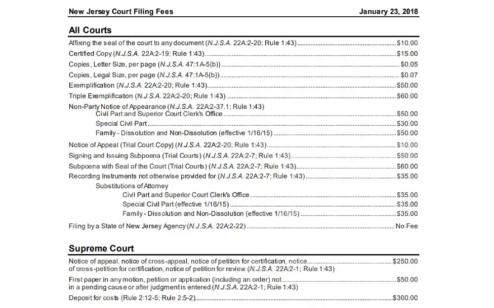 A screenshot showing a New Jersey Court filing fee displaying the number of records such as affixing the court's seal to any document, certified copy, copies, letter size or legal size, per page and others.