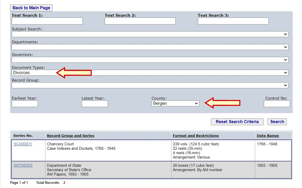 A screenshot showing a New Jersey State archives searchable catalog with searchable filters such as subject search, departments, governors, document types, earliest and latest year and county.