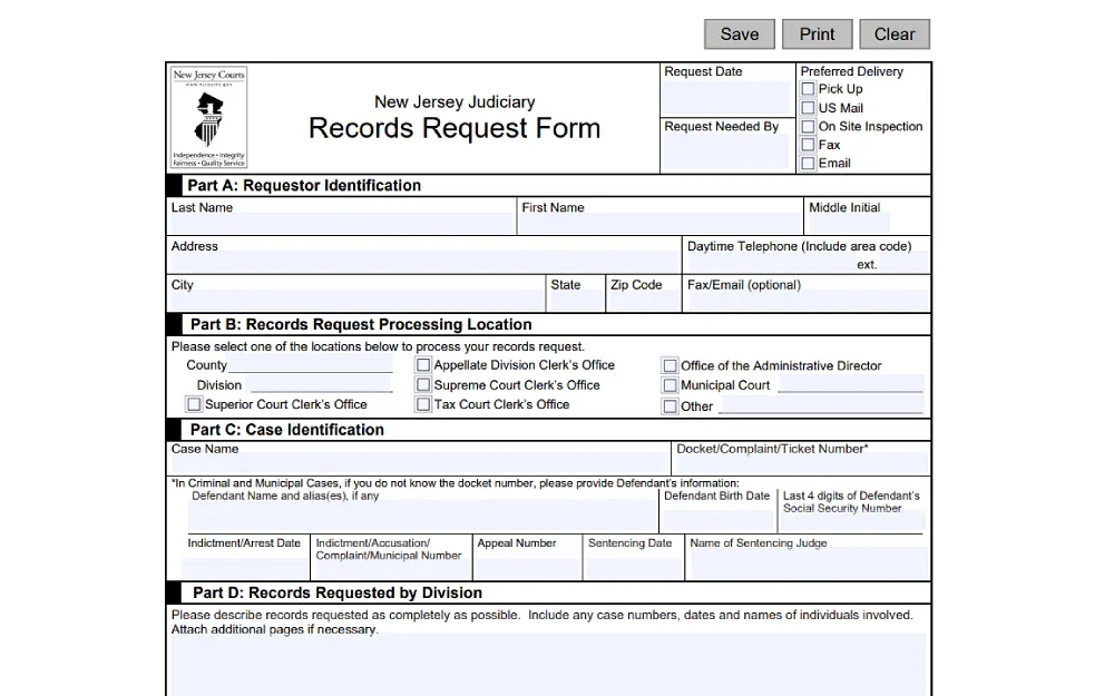A screenshot displaying a records request from the New Jersey Judiciary requires information such as requestor identification last, first and middle name, address, city, state, ZIP code, fax or email, and others.