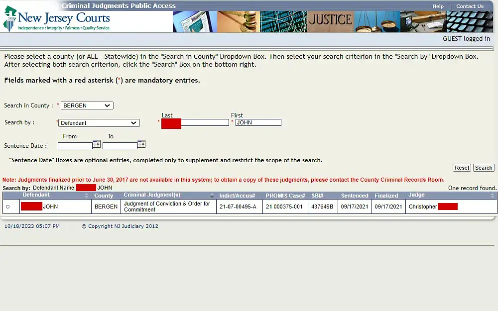 A screenshot of the search results from the New Jersey Courts websites displays case information such as defendant name, county, criminal judgment(s), indictment no., case no. and judge.